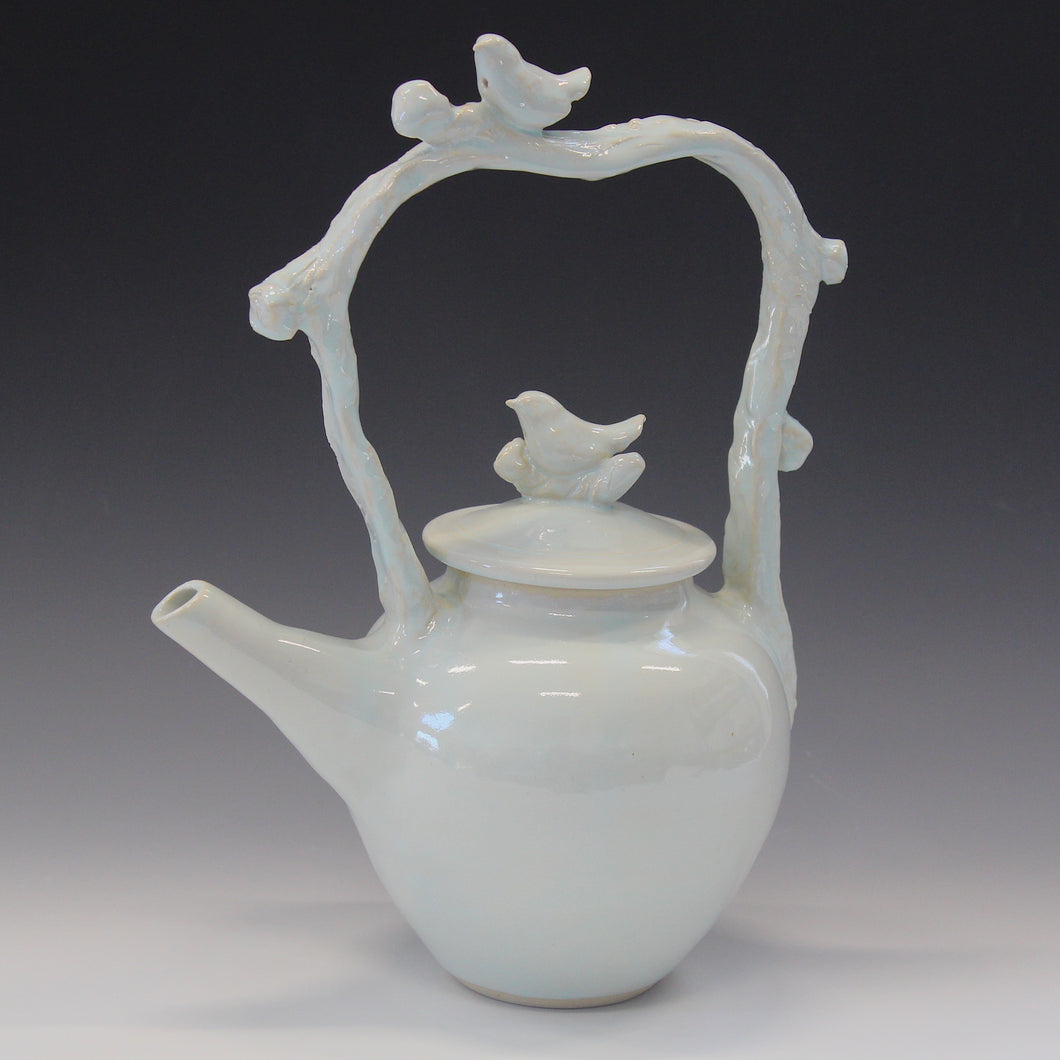 Soft Blue Gloss Teapot with a Branch and Little Birds!