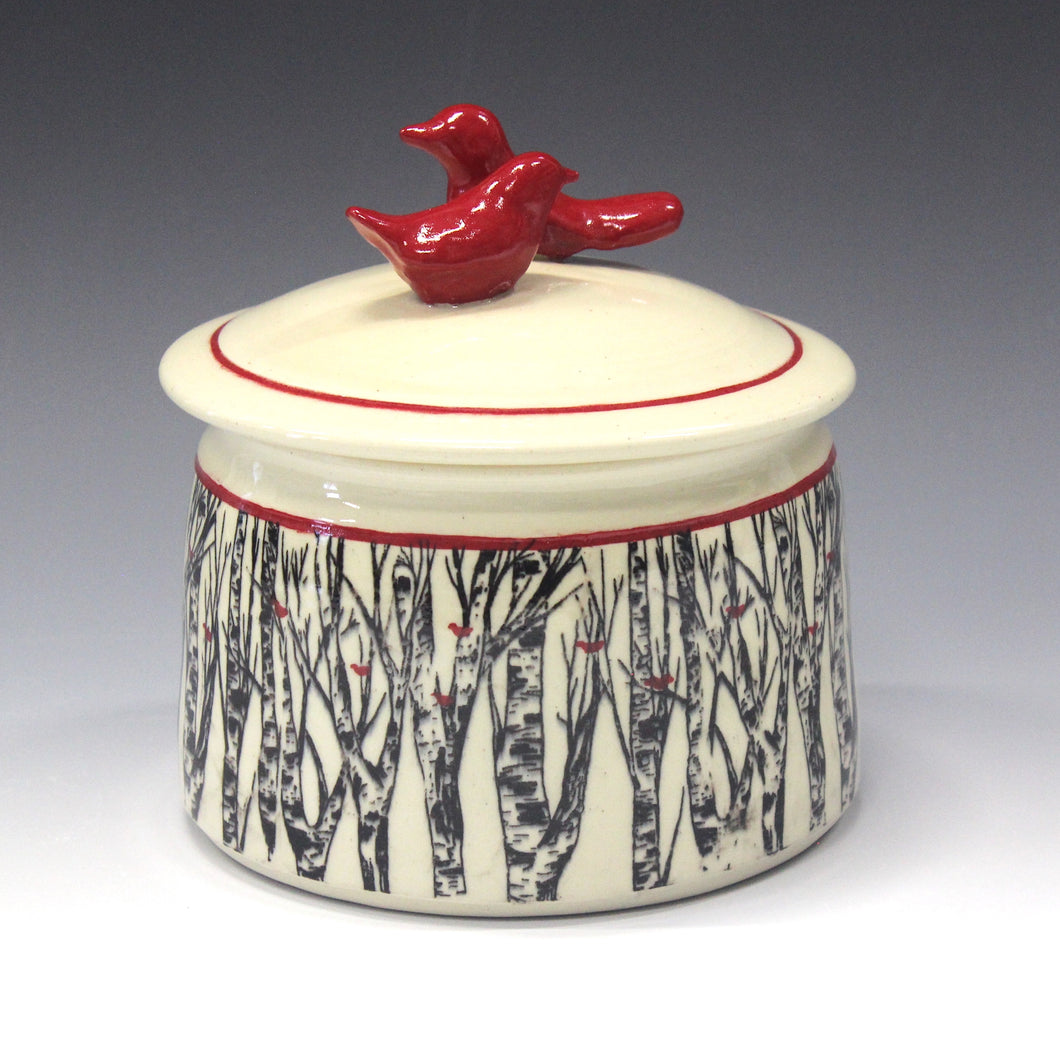 Two Red Bird Finial Covered Jar with Forest Scene and Red Birds on Jar Body