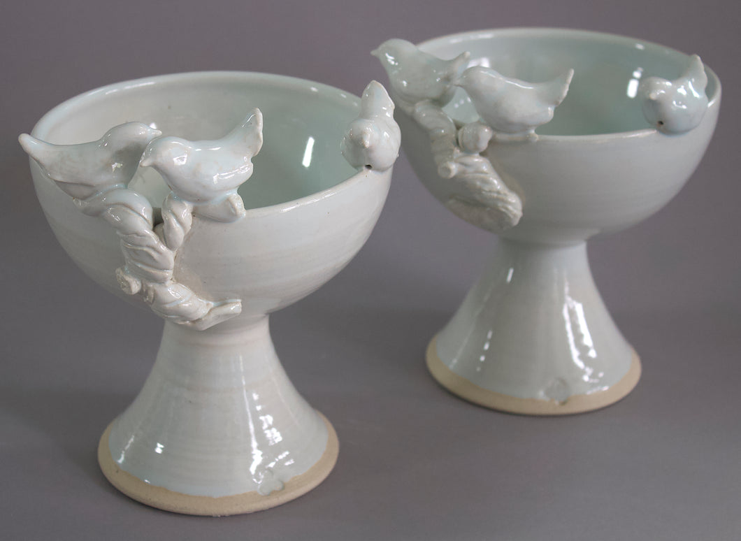 Decorative Bird and Branch Pedestal Bowl in Soft Blue Gloss, Price per Piece.