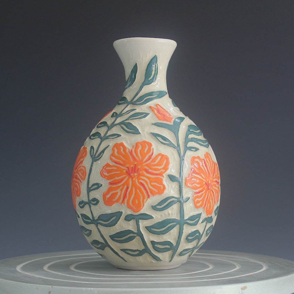 Hand Painted and Hand Carved Ceramic Vase with Orange Flowers