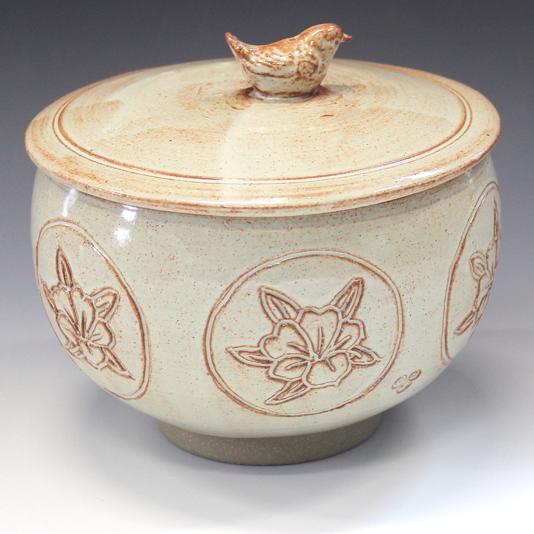 Hand Carved Round Jar with Bird Finial and Flower Motif Rondelle.