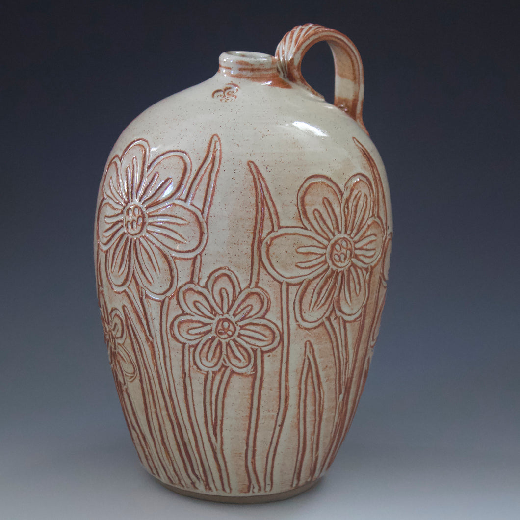 Tall Khaki Colored Hand Carved Jug Vase with Handle