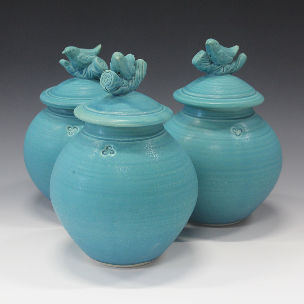 A Beautiful Turquoise Matte Bird and Branch Jar. Price per Jar.