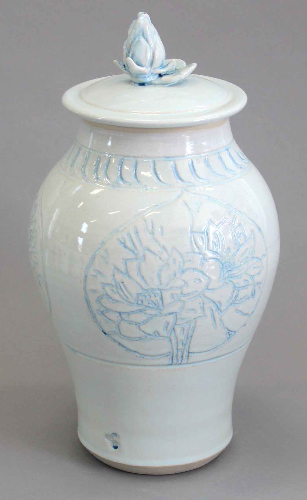 Tall Soft Blue with Turquoise Highlights Lotus Jar